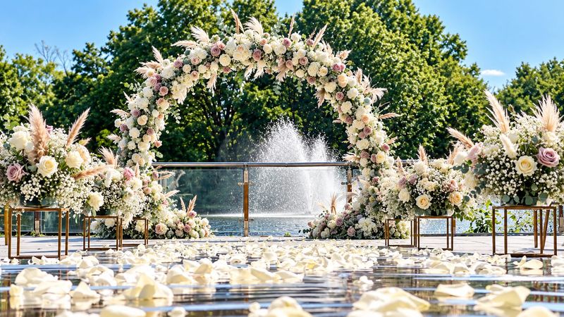 Floral ring arch beside a fountain